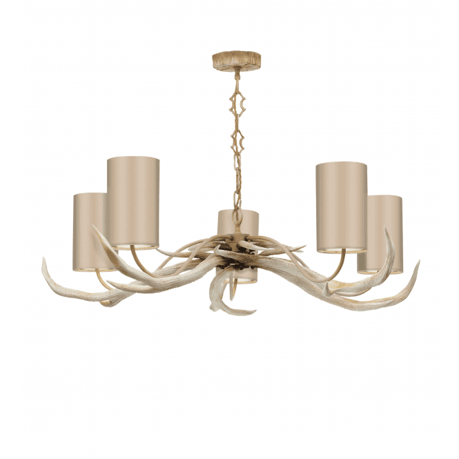Antler 5 Light Pendant Bleached With Almond Cream /White Silk Shades