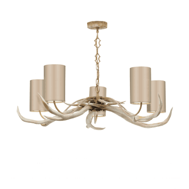 Antler 5 Light Pendant Bleached With Almond Cream /White Silk Shades
