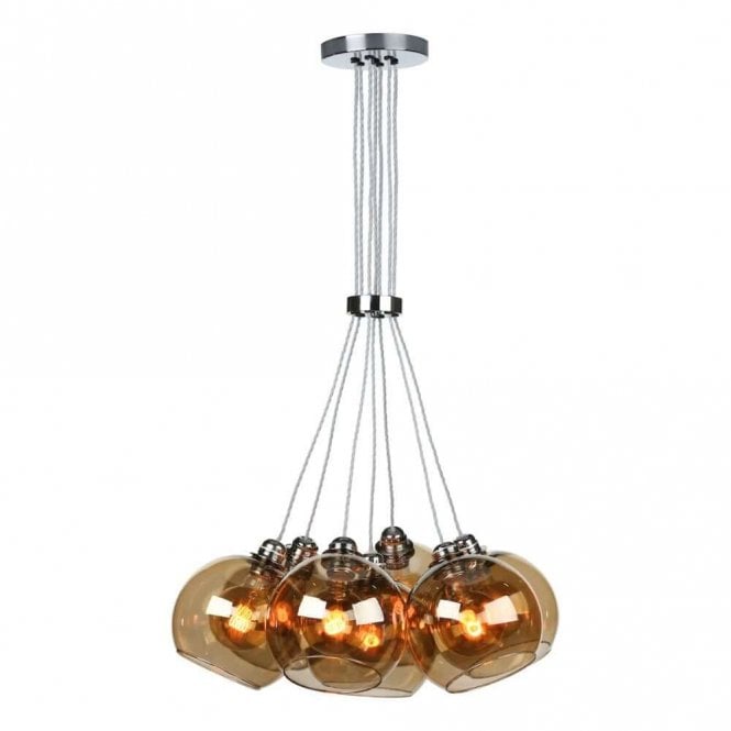 Apollo Seven Light Pendant In Polished Chrome Complete With Amber Glass