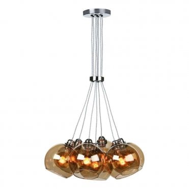 Apollo Seven Light Pendant In Polished Chrome Complete With Amber Glass