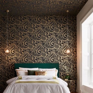 Barbara Hulanicki Hula Swirl Gold Noir Wallpaper 105273