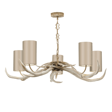 Antler 5 Light Pendant Bleached With Almond Cream /White Silk Shades