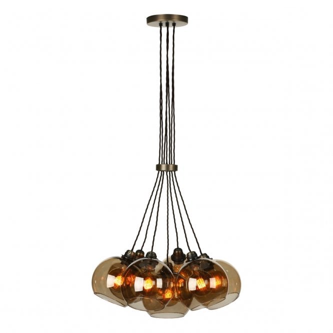 David Hunt Lighting Apollo Seven Light Pendant In Antique Brass Complete With Amber Glass