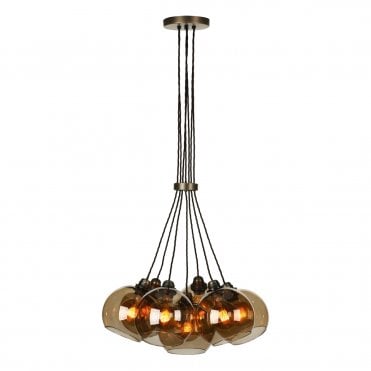Apollo Seven Light Pendant In Antique Brass Complete With Amber Glass