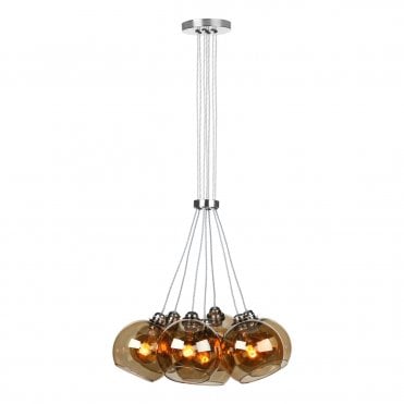 Apollo Seven Light Pendant In Butter Brass Complete With Amber Glass
