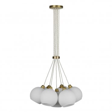 Apollo Seven Light Pendant In Butter Brass Complete With Opal Glass