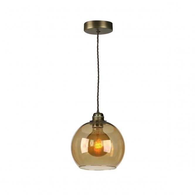 David Hunt Lighting Apollo Single Pendant In Antique Brass Complete with Amber Glass