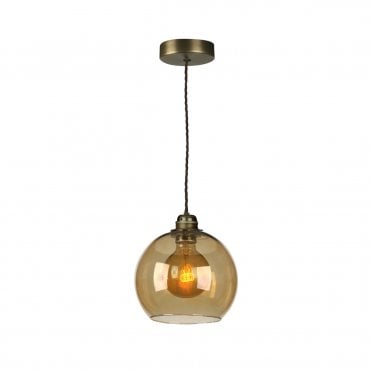 Apollo Single Pendant In Antique Brass Complete with Amber Glass