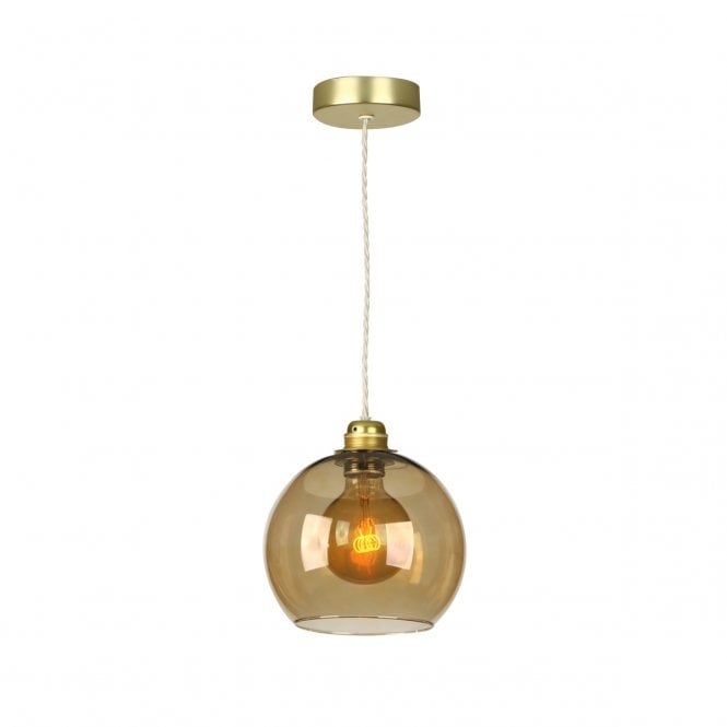 David Hunt Lighting Apollo Single Pendant In Butter Brass Complete with Amber Glass