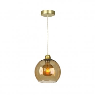 Apollo Single Pendant In Butter Brass Complete with Amber Glass
