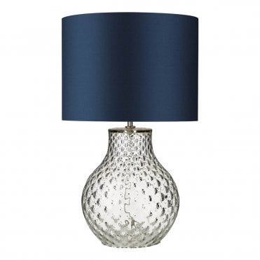 Azores Small Clear Table Lamp & Bespoke 35cm Shallow Drum Shade in Poseidon Satin Silk/White Inner