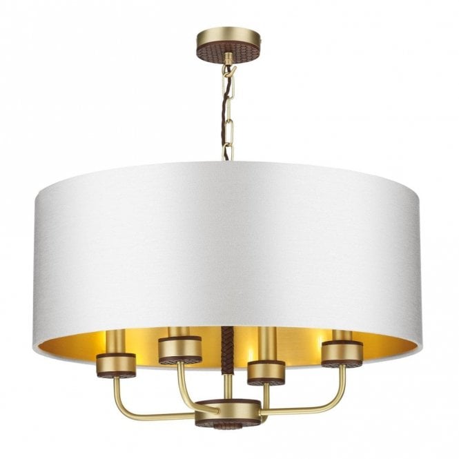 David Hunt Lighting Hunter 4 Light Pendant Butter Brass With Leather Effect Complete Swan/Gold Shade