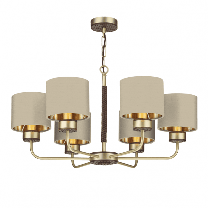David Hunt Lighting Hunter 6 Light Pendant Butter Brass With Leather Effect Complete With Limestone Linen Shades And Gold Lining