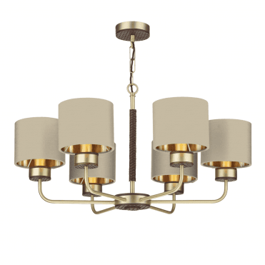 Hunter 6 Light Pendant Butter Brass With Leather Effect Complete With Limestone Linen Shades And Gold Lining