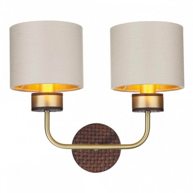 David Hunt Lighting Hunter Double Wall Light Butter Brass With Leather Effect Complete With Swan Satin Shades And Gold Lining