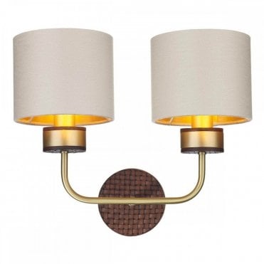 Hunter Double Wall Light Butter Brass With Leather Effect Complete With Swan Satin Shades And Gold Lining