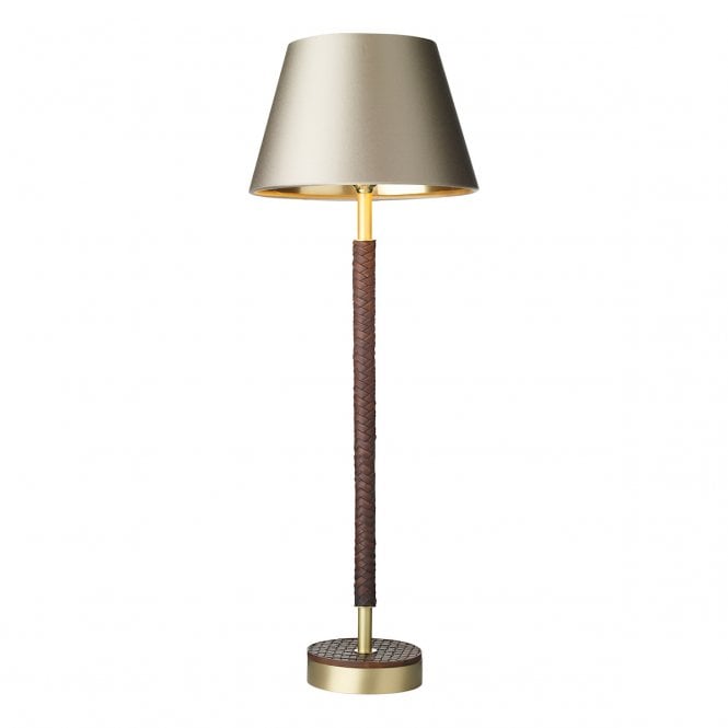 David Hunt Lighting Hunter Table Lamp In Butter Brass With Leather Effect with Almond Cream/Gold Laminate Inner Satin Silk Shade
