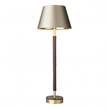 Hunter Table Lamp In Butter Brass With Leather Effect with Almond Cream/Gold Laminate Inner Satin Silk Shade