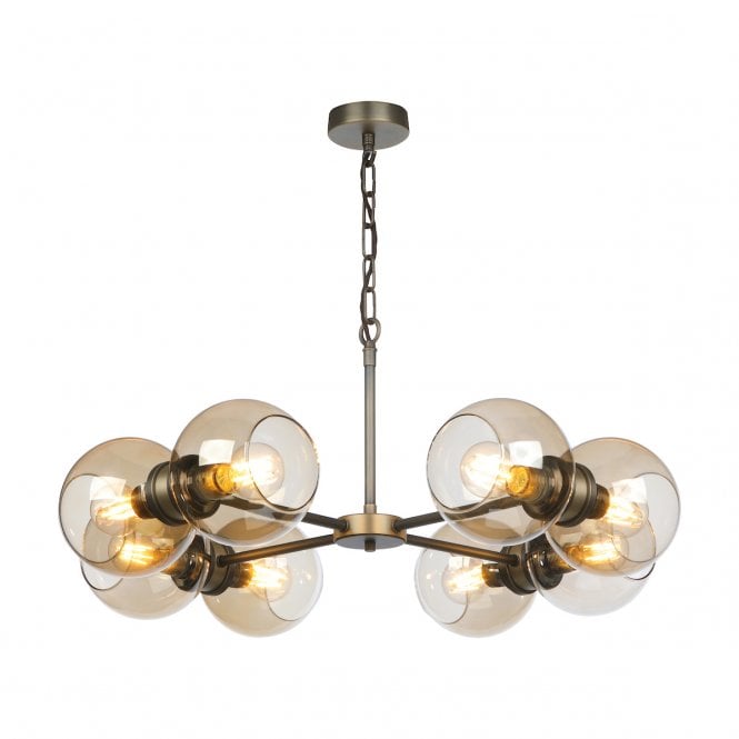 David Hunt Lighting Juno 8 light pendant Antique Brass with Amber glass