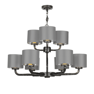 Sloane 9 light pendant in Pewter with Seal/silver shades
