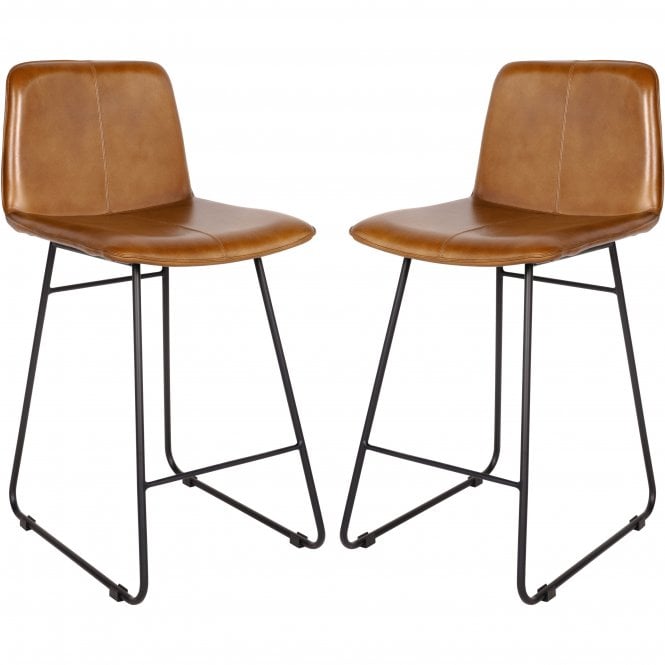 Fabco Collection Pair of Leather Bar Stools in Cognac