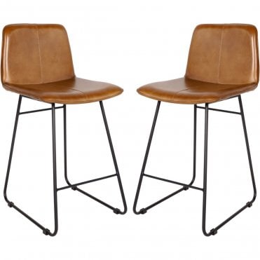 Pair of Leather Bar Stools in Cognac