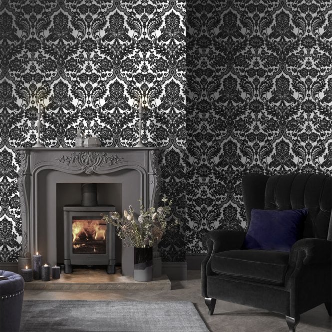 Graham & Brown  Gothic Damask Flock Black/Silver Wallpaper 104562