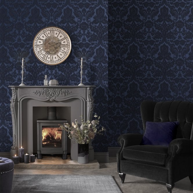 Graham & Brown  Gothic Damask Flock Cobalt Wallpaper 104563