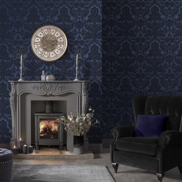 Graham & Brown Gothic Damask Flock Cobalt Wallpaper 104563
