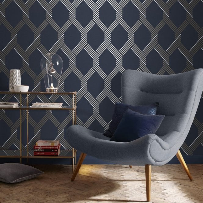 Graham & Brown  Vector Navy Gold Wallpaper 105466