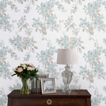Laura Ashley Apple Blossom Duck Egg Wallpaper 113367