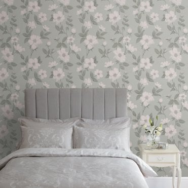 Laura Ashley Fleurir Smoke Green Wallpaper 114917