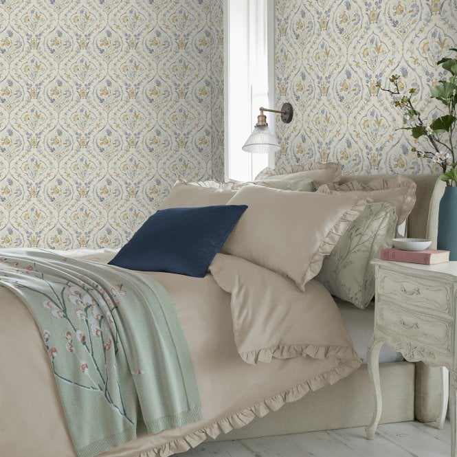 Laura Ashley  Foscot Damask Pale Ochre Yellow Wallpaper 121070