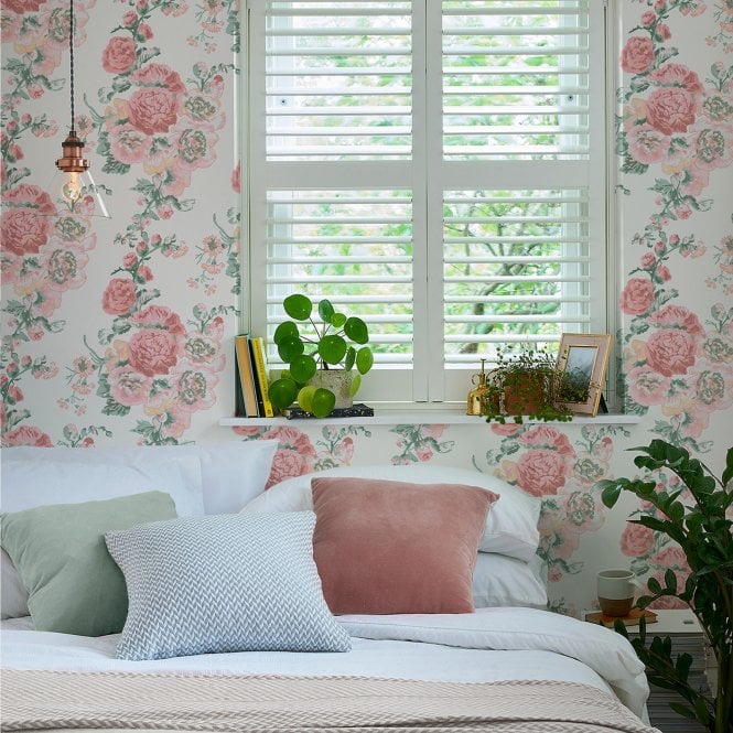 Laura Ashley  Hollyhocks Coral Pink Wallpaper 118479