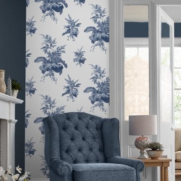 Laura Ashley Narberth Midnight Seaspray Blue Wallpaper 119851