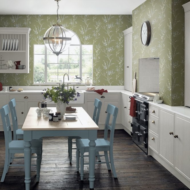 Laura Ashley  Pussy Willow Moss Green Wallpaper 121074