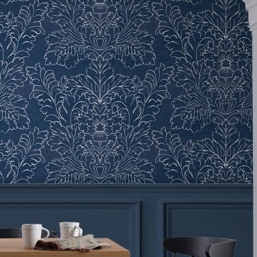 Laura Ashley Silchester Midnight Seaspray Blue Wallpaper 119852