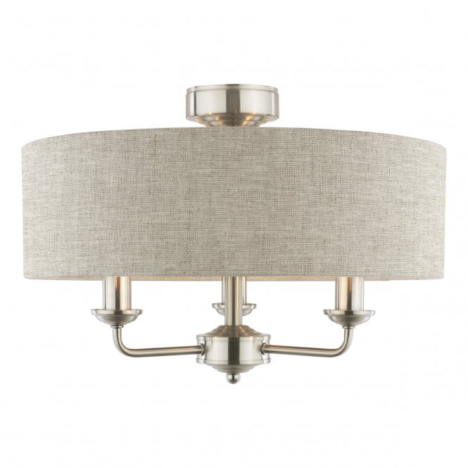 Laura Ashley  Sorrento 3 Light Semi-Flush Satin Nickel and Natural With Shade