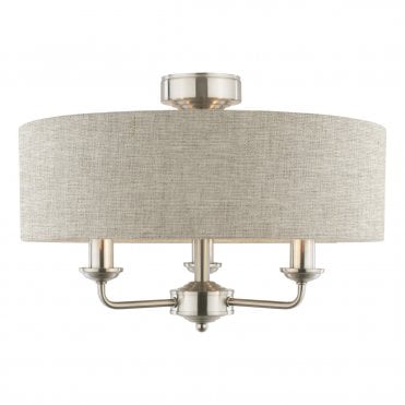 Laura Ashley Sorrento 3 Light Semi-Flush Satin Nickel and Natural With Shade