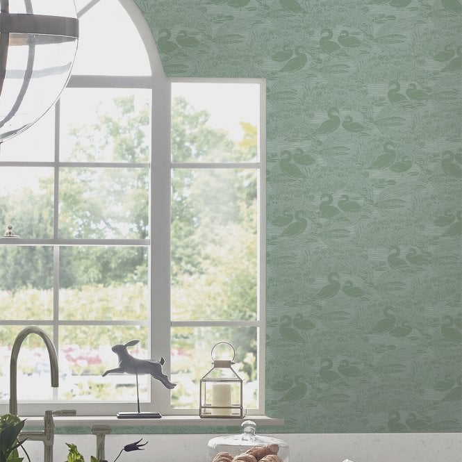 Laura Ashley  Swans Jade Green Wallpaper 118472