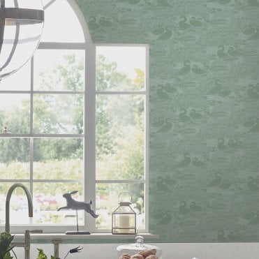 Laura Ashley Swans Jade Green Wallpaper 118472