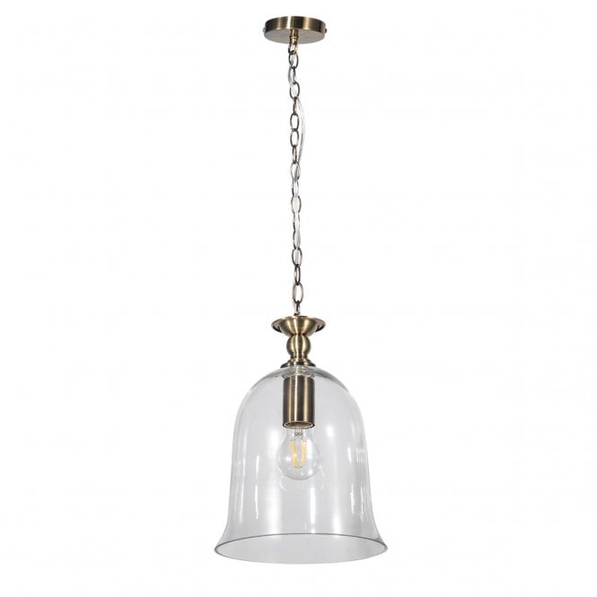 Magnalux Bell 1 Light Clear Glass Pendant Antique Brass