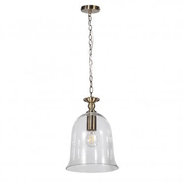 Bell 1 Light Clear Glass Pendant Antique Brass