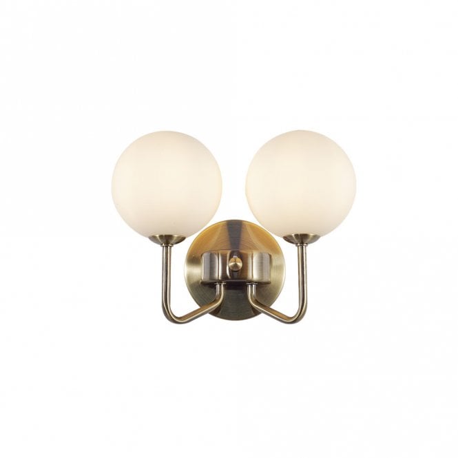 Magnalux Lando 2 Light Wall Light Antique Brass with Opal Ball