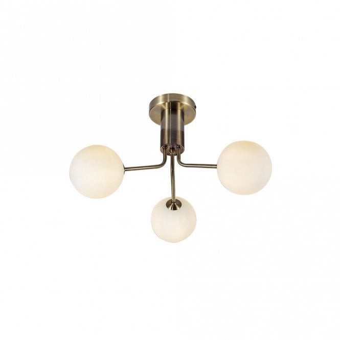 Magnalux Lando 3 Light Semi Flush Antique Brass with Opal Ball