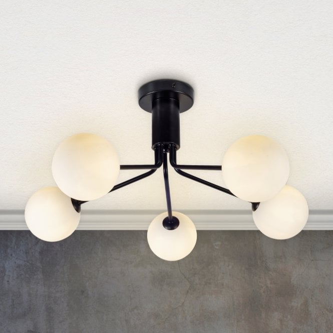Magnalux Lando 3 Light Semi Flush Matt Black with Opal Ball