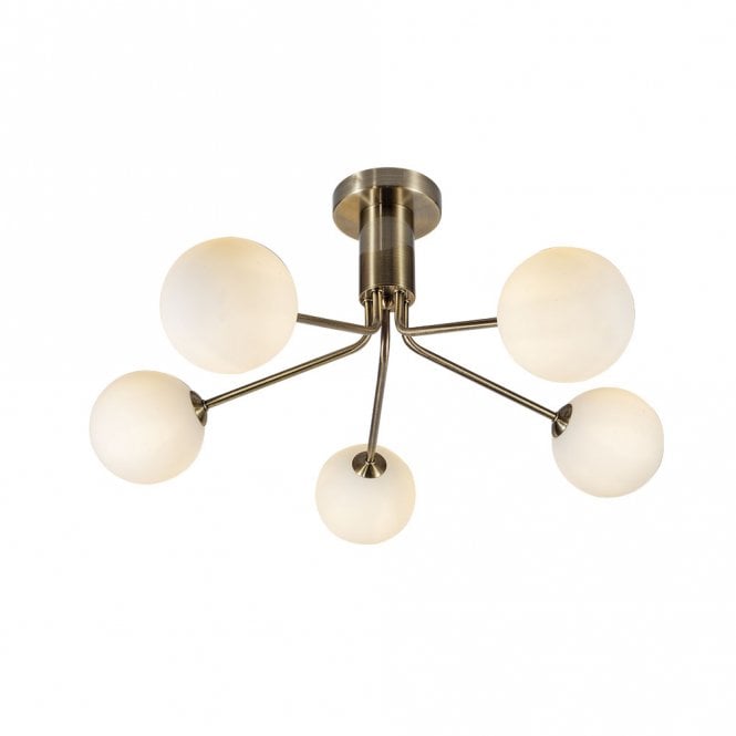 Magnalux Lando 5 Light Semi Flush Antique Brass with Opal Ball