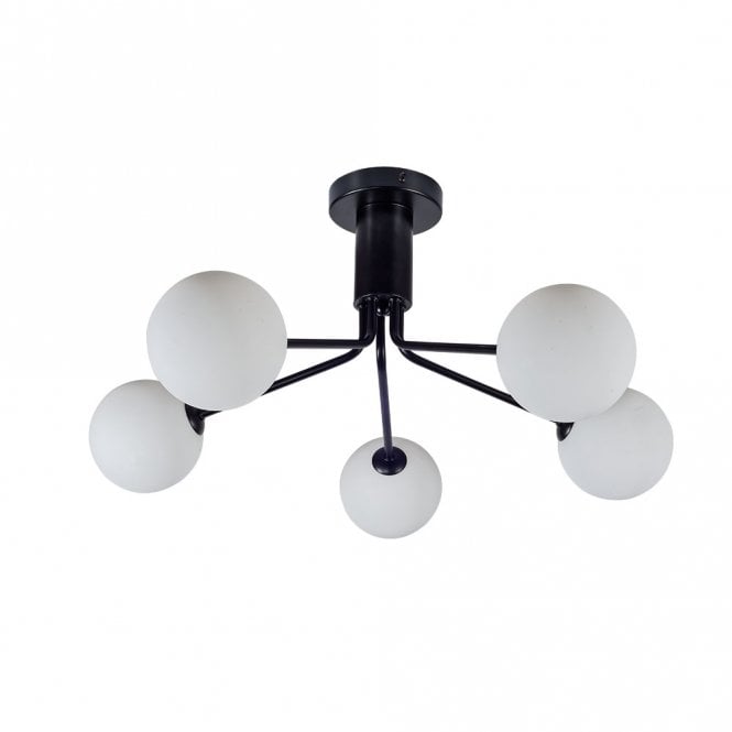 Magnalux Lando 5 Light Semi Flush Matt Black with Opal Ball