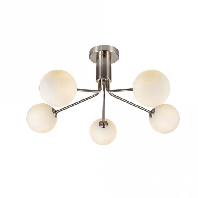 Magnalux Lando 5 Light Semi Flush Satin Chrome with Opal Ball