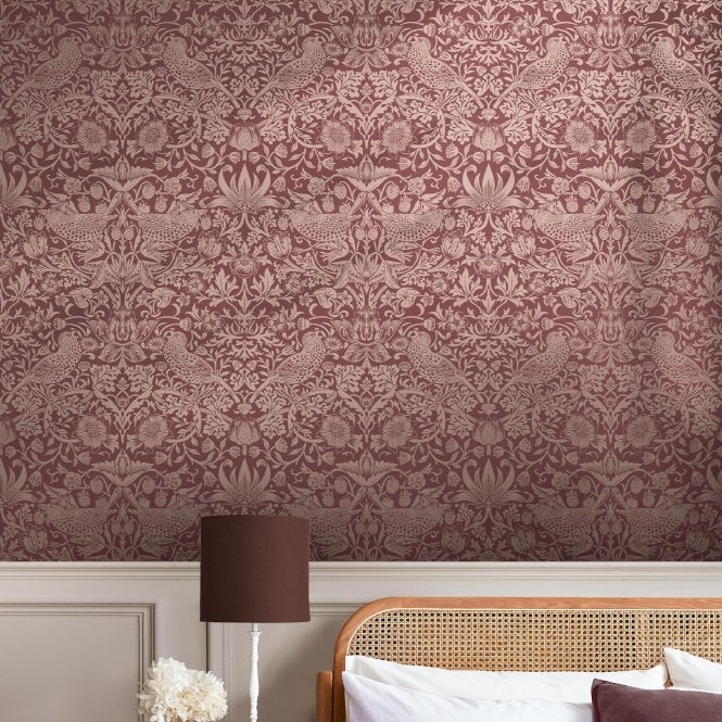 William Morris at Home  Strawberry Thief Fibrous Burgundy  Wallpaper 124235